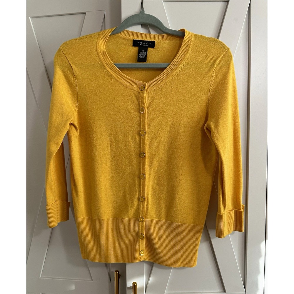 Grace Women's Yellow Knit Button-Front Cardigan Sweater 3/4 Sleeve Crew XS